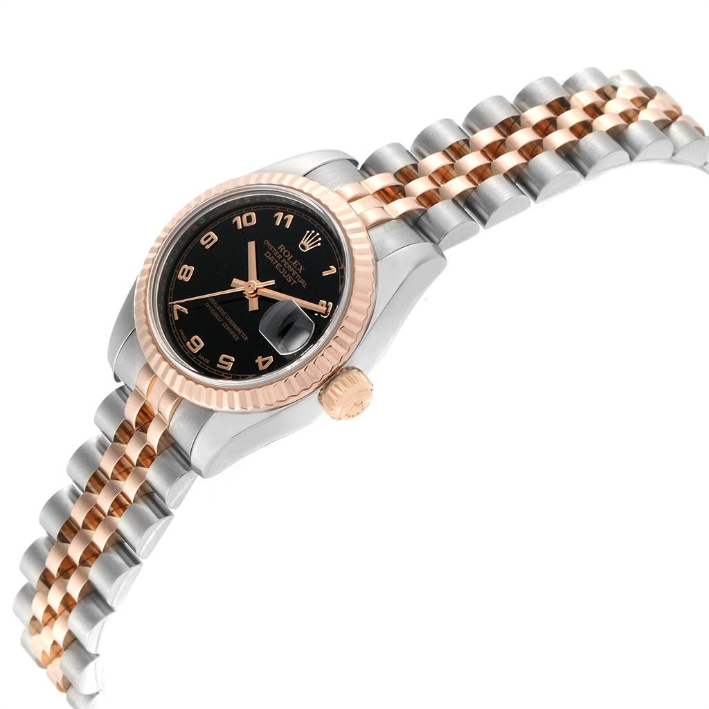 The image shows a Rolex Datejust 179171 Women's Steel and Gold (two tone) Black Dial 179171 Women's Steel and Gold (two tone) Black Dial watch at an angle that displays the face, bezel, crown, and bracelet.