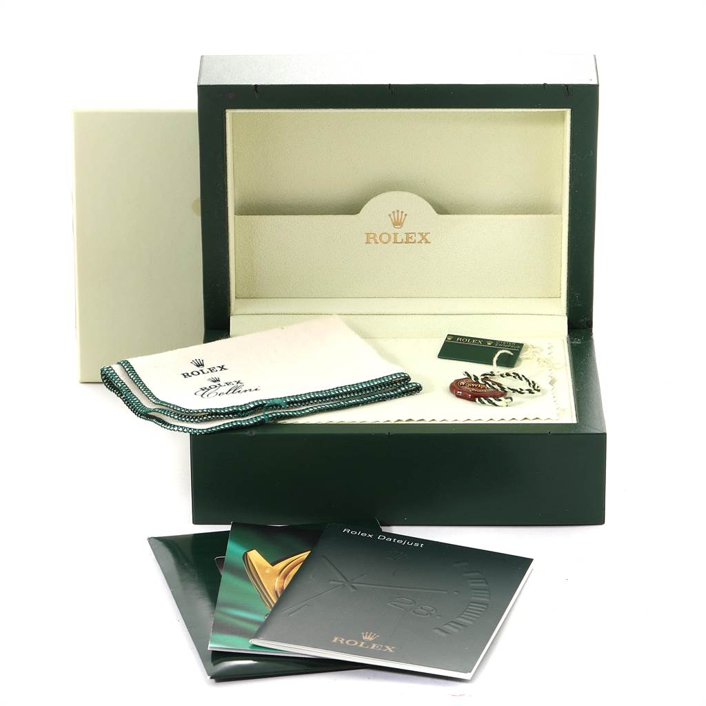 The image shows the packaging and contents for a Rolex Datejust 179171 Women's Steel and Gold (two tone) Black Dial 179171 Women's Steel and Gold (two tone) Black Dial, including the box, cleaning cloth, tag, and manuals.