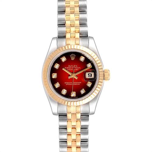 The image shows a Rolex Datejust 179173 Women's Steel and Gold (two tone) Red Dial 179173 Women's Steel and Gold (two tone) Red Dial model watch from a top-down angle, displaying the dial, bezel, crown, and bracelet.