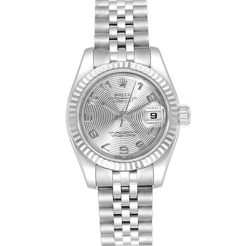 The image shows a front view of the Rolex Datejust 179174 Women's Stainless Steel Silver Dial 179174 Women's Stainless Steel Silver Dial watch, highlighting its dial, bezel, bracelet, and date window.