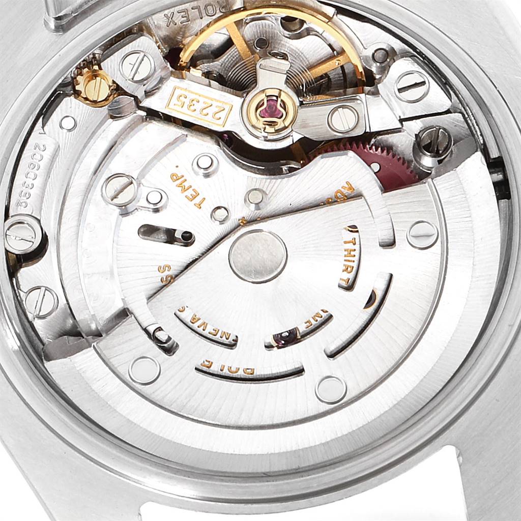 This image shows the internal mechanism of a Rolex Datejust 179173 Women's Steel and Gold (two tone) Mother of Pearl Dial 179173 Women's Steel and Gold (two tone) Mother of Pearl Dial watch, viewed from the back.