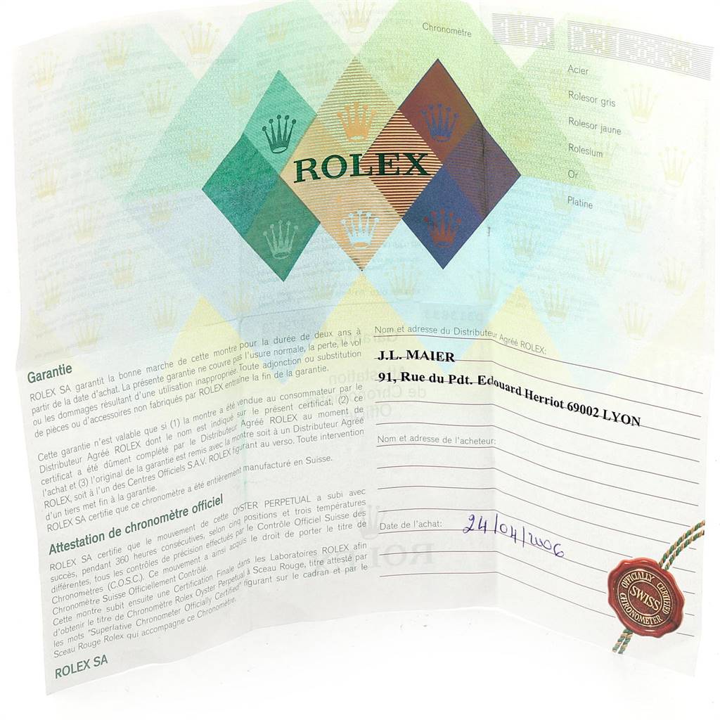 The image shows the warranty and certification document for a Rolex Datejust 179173 Women's Steel and Gold (two tone) Mother of Pearl Dial 179173 Women's Steel and Gold (two tone) Mother of Pearl Dial watch.