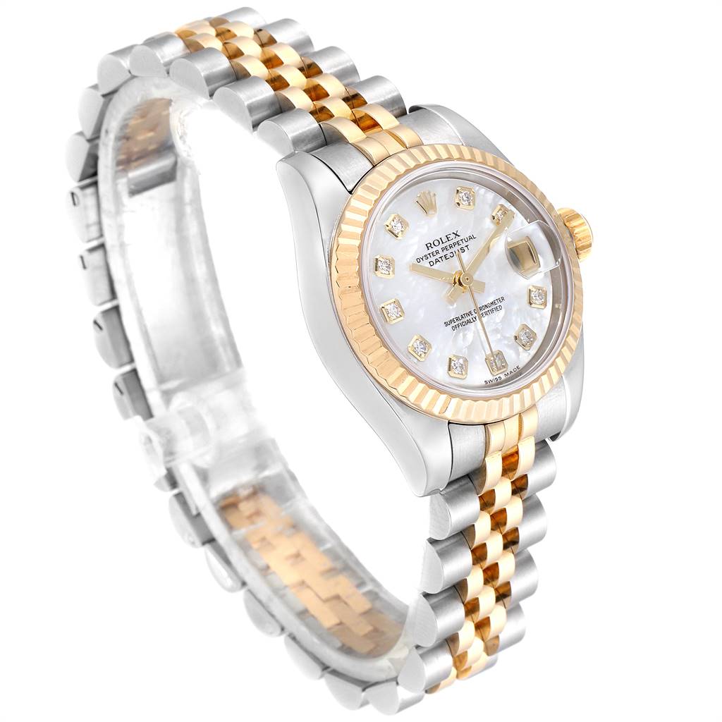 The image shows a Rolex Datejust 179173 Women's Steel and Gold (two tone) Mother of Pearl Dial 179173 Women's Steel and Gold (two tone) Mother of Pearl Dial watch at an angled view, highlighting its two-tone bracelet, fluted bezel, and diamond hour markers.