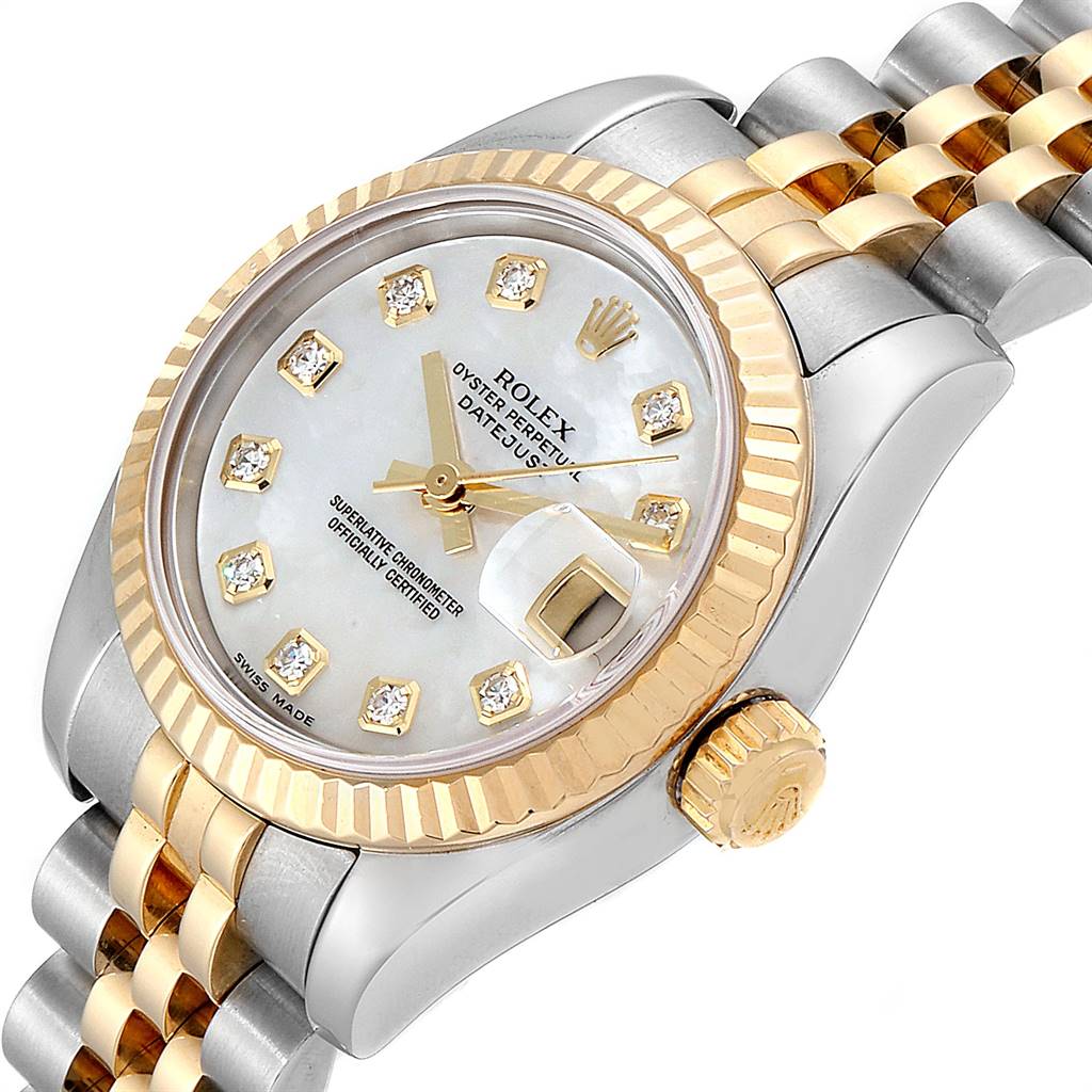 The image shows a Rolex Datejust 179173 Women's Steel and Gold (two tone) Mother of Pearl Dial 179173 Women's Steel and Gold (two tone) Mother of Pearl Dial watch at a slight angle, highlighting the dial, bezel, crown, and bracelet.