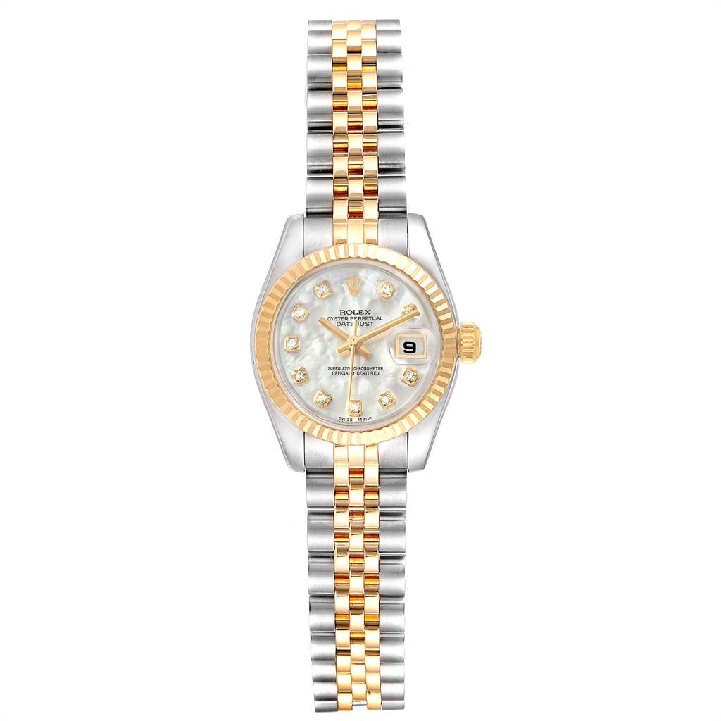The image shows a full frontal view of a Rolex Datejust 179173 Women's Steel and Gold (two tone) Mother of Pearl Dial 179173 Women's Steel and Gold (two tone) Mother of Pearl Dial watch, highlighting its dial, bezel, case, and bracelet.