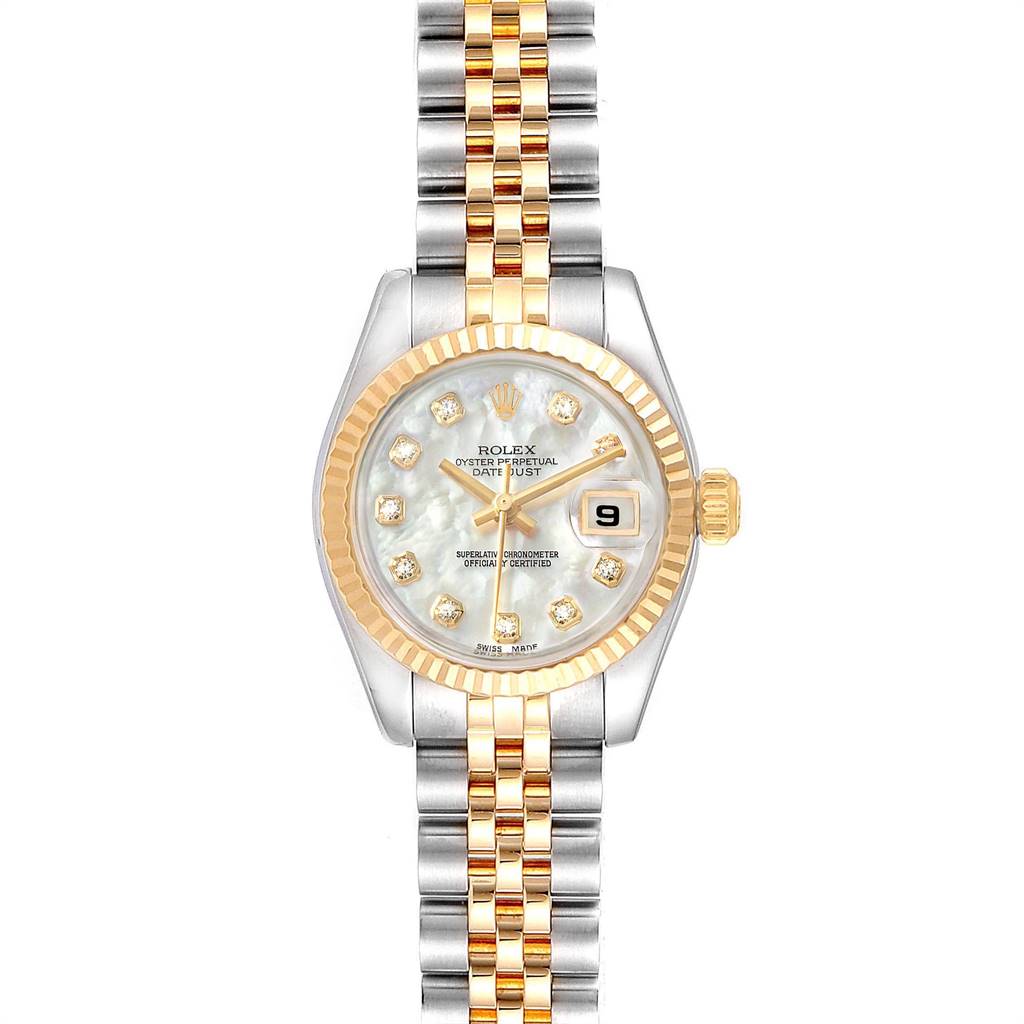 This image shows a Rolex Datejust 179173 Women's Steel and Gold (two tone) Mother of Pearl Dial 179173 Women's Steel and Gold (two tone) Mother of Pearl Dial watch from the front, featuring its dial, bezel, and two-tone bracelet.