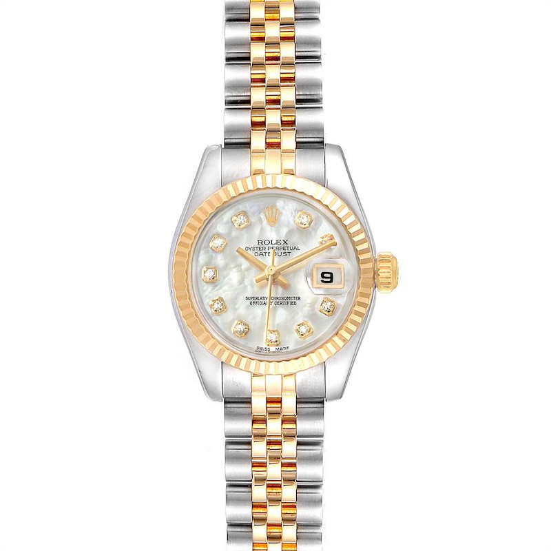 This image shows a Rolex Datejust 179173 Women's Steel and Gold (two tone) Mother of Pearl Dial 179173 Women's Steel and Gold (two tone) Mother of Pearl Dial watch from the front, featuring its dial, bezel, and two-tone bracelet.
