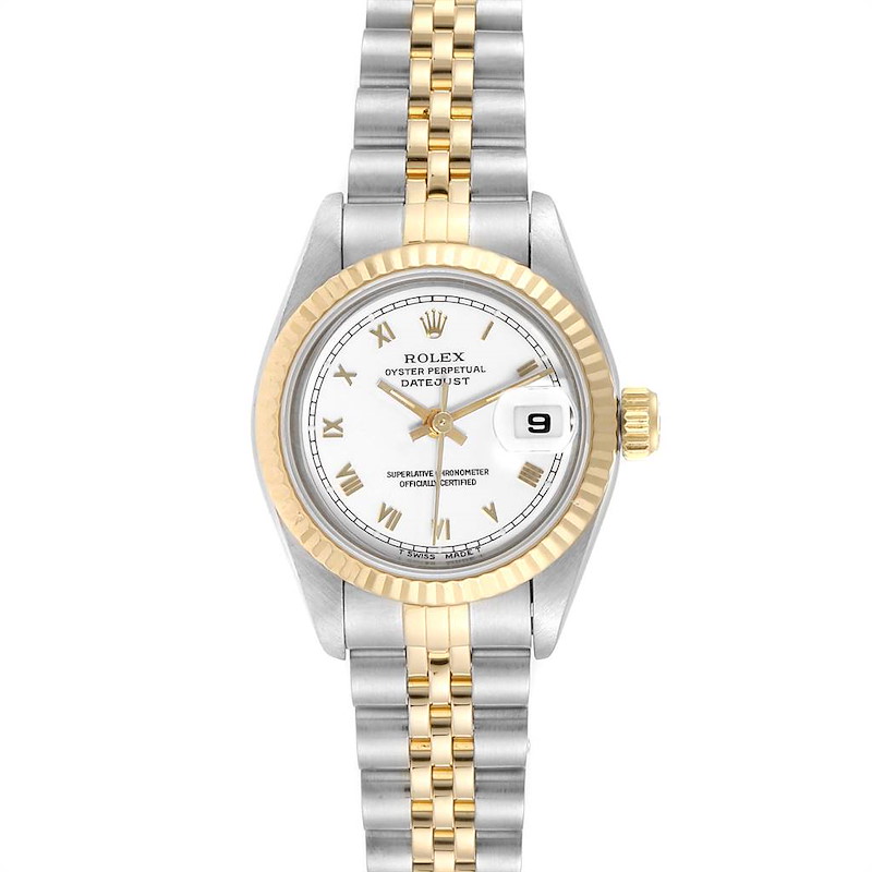 The image shows a Rolex Datejust 69173 Women's Stainless Steel White Dial 69173 Women's Stainless Steel White Dial watch from a straight-on angle, displaying its dial, bezel, and two-tone bracelet.