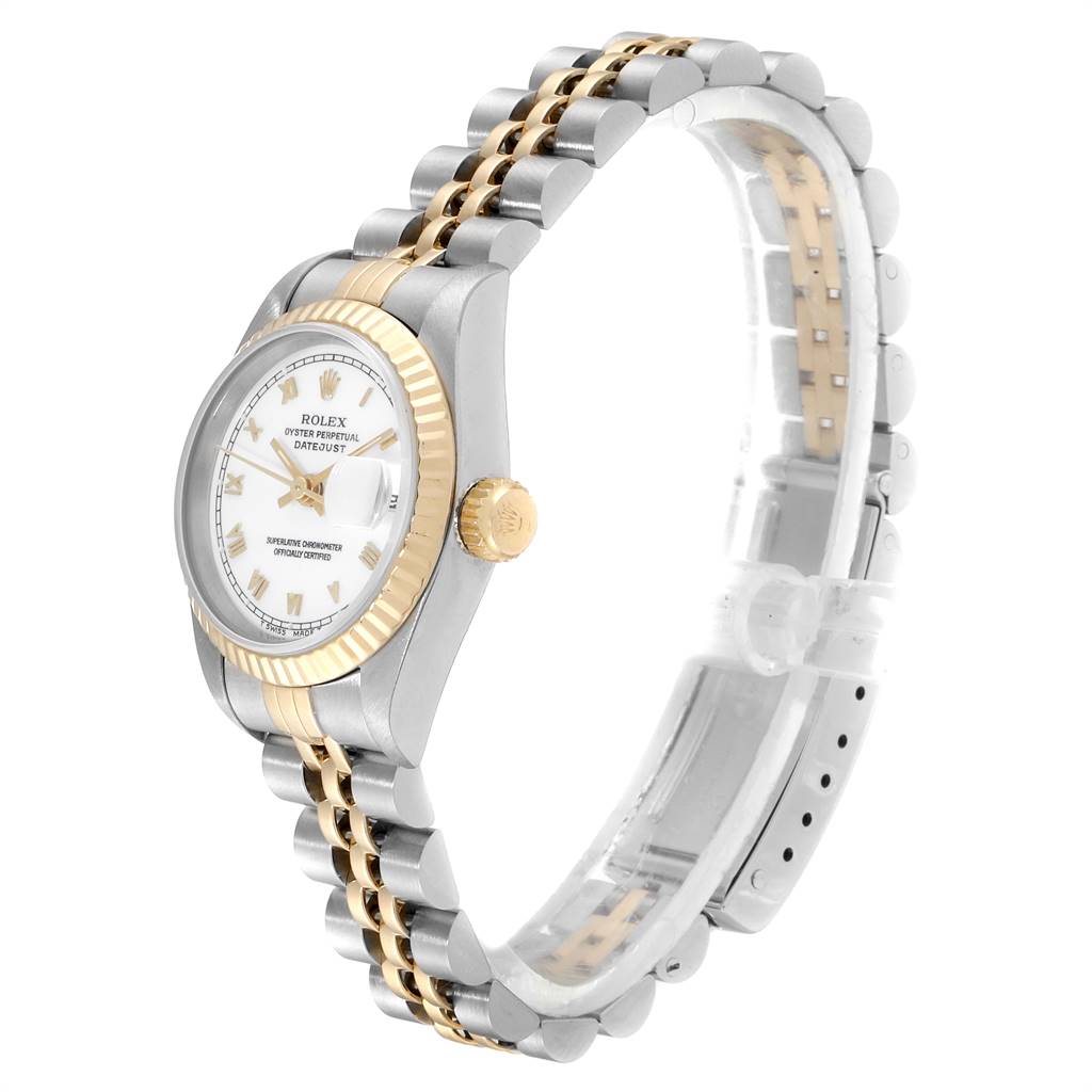 The Rolex Datejust 69173 Women's Stainless Steel White Dial 69173 Women's Stainless Steel White Dial watch is shown from an angled side view, highlighting the bezel, crown, dial, and bracelet.