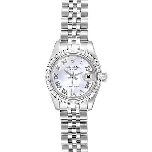 The image shows a Rolex Datejust 179384 Women's Stainless Steel Mother of Pearl Dial 179384 Women's Stainless Steel Mother of Pearl Dial watch from a top-down angle, highlighting the face, bezel, and bracelet.