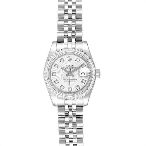 The image shows a Rolex Datejust 179384 Women's Stainless Steel Silver Dial 179384 Women's Stainless Steel Silver Dial watch from a top-down angle, highlighting its face, bezel, and bracelet.