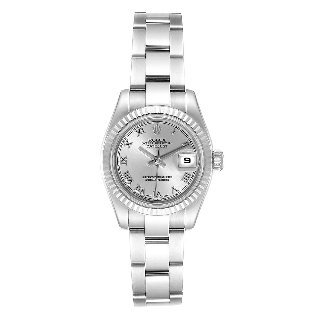 The image shows the front view of a Rolex Datejust 179174 Women's Stainless Steel Grey Dial 179174 Women's Stainless Steel Grey Dial watch, displaying its face, bezel, and bracelet.
