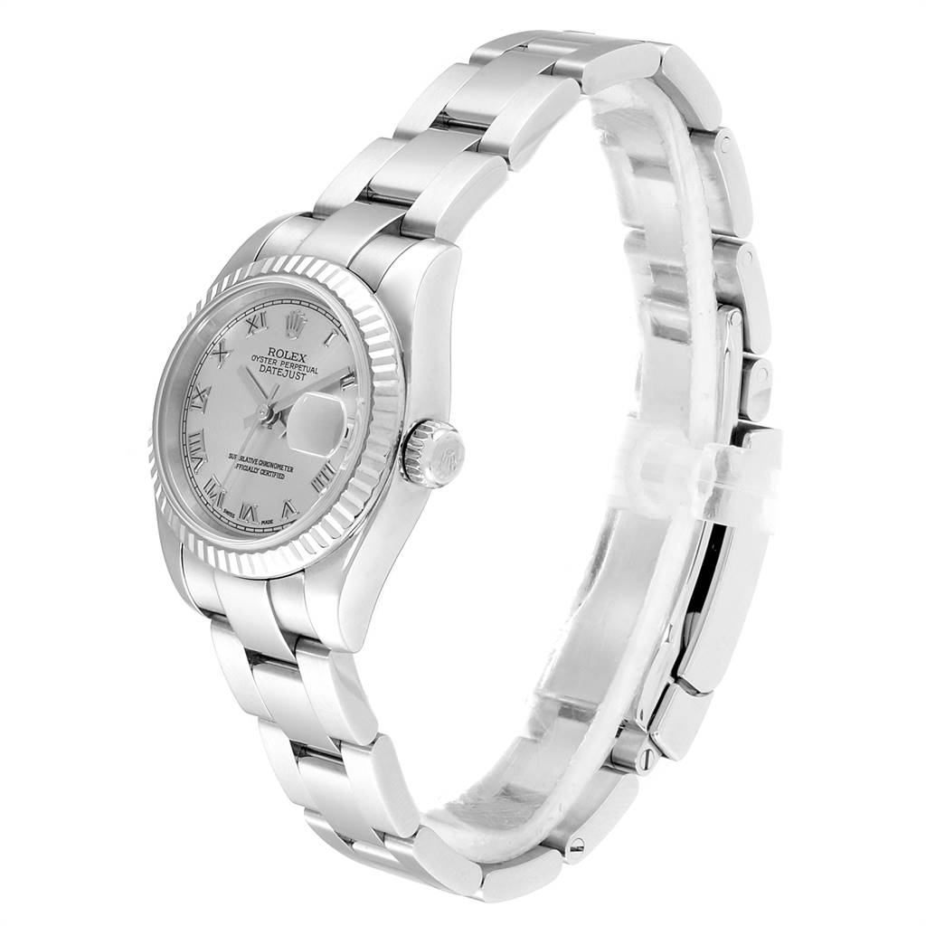 The image shows a side angle of the Rolex Datejust 179174 Women's Stainless Steel Grey Dial 179174 Women's Stainless Steel Grey Dial, highlighting its face, bezel, crown, and bracelet.