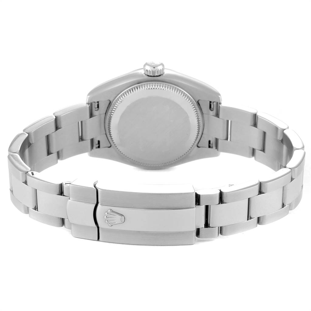 This image shows the back of a Rolex Datejust 179174 Women's Stainless Steel Grey Dial 179174 Women's Stainless Steel Grey Dial watch, focusing on the case back and the bracelet with the clasp open.