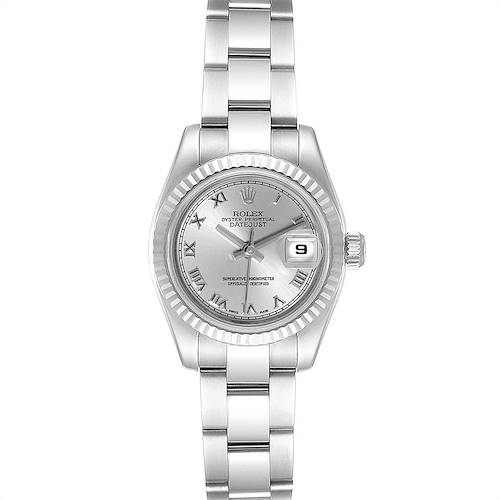 The image shows a frontal view of the Rolex Datejust 179174 Women's Stainless Steel Grey Dial 179174 Women's Stainless Steel Grey Dial watch, featuring its face, bezel, and bracelet.