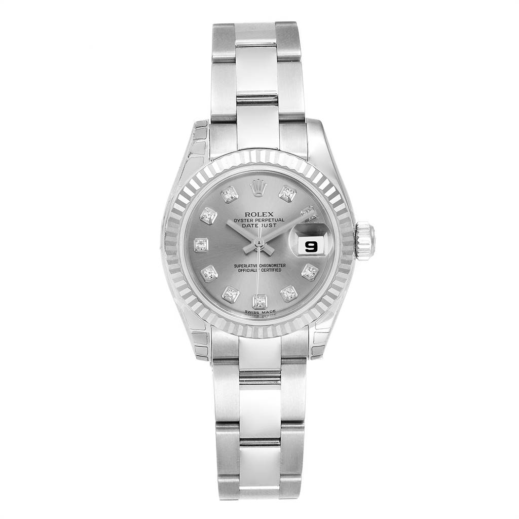 This image shows a front view of the Rolex Datejust 179174 Women's Stainless Steel Silver Dial 179174 Women's Stainless Steel Silver Dial watch, highlighting the dial, bracelet, and date window.