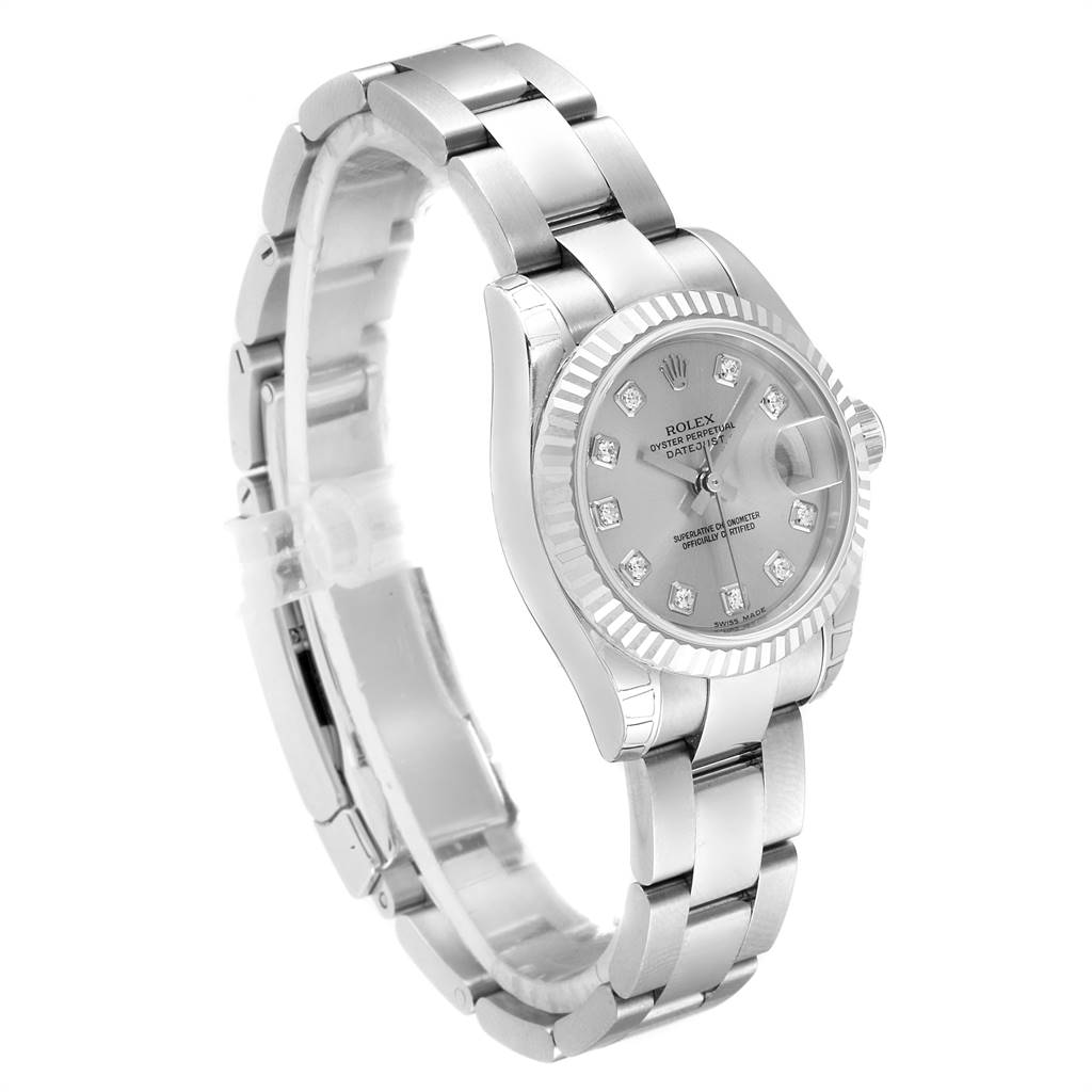 The Rolex Datejust 179174 Women's Stainless Steel Silver Dial 179174 Women's Stainless Steel Silver Dial watch is shown at an angle revealing the face, fluted bezel, and bracelet.