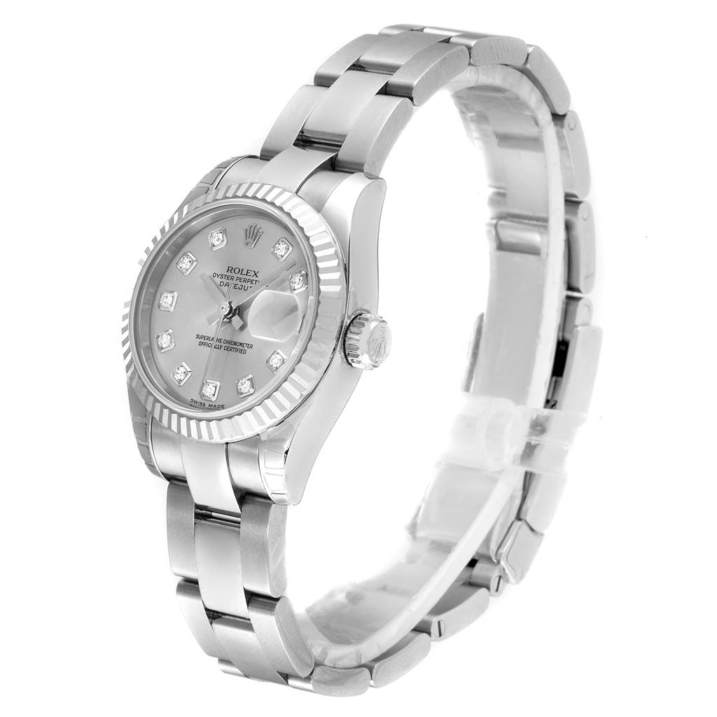 The image shows a side and front angle of a Rolex Datejust 179174 Women's Stainless Steel Silver Dial 179174 Women's Stainless Steel Silver Dial watch, highlighting its bracelet, crown, and dial.