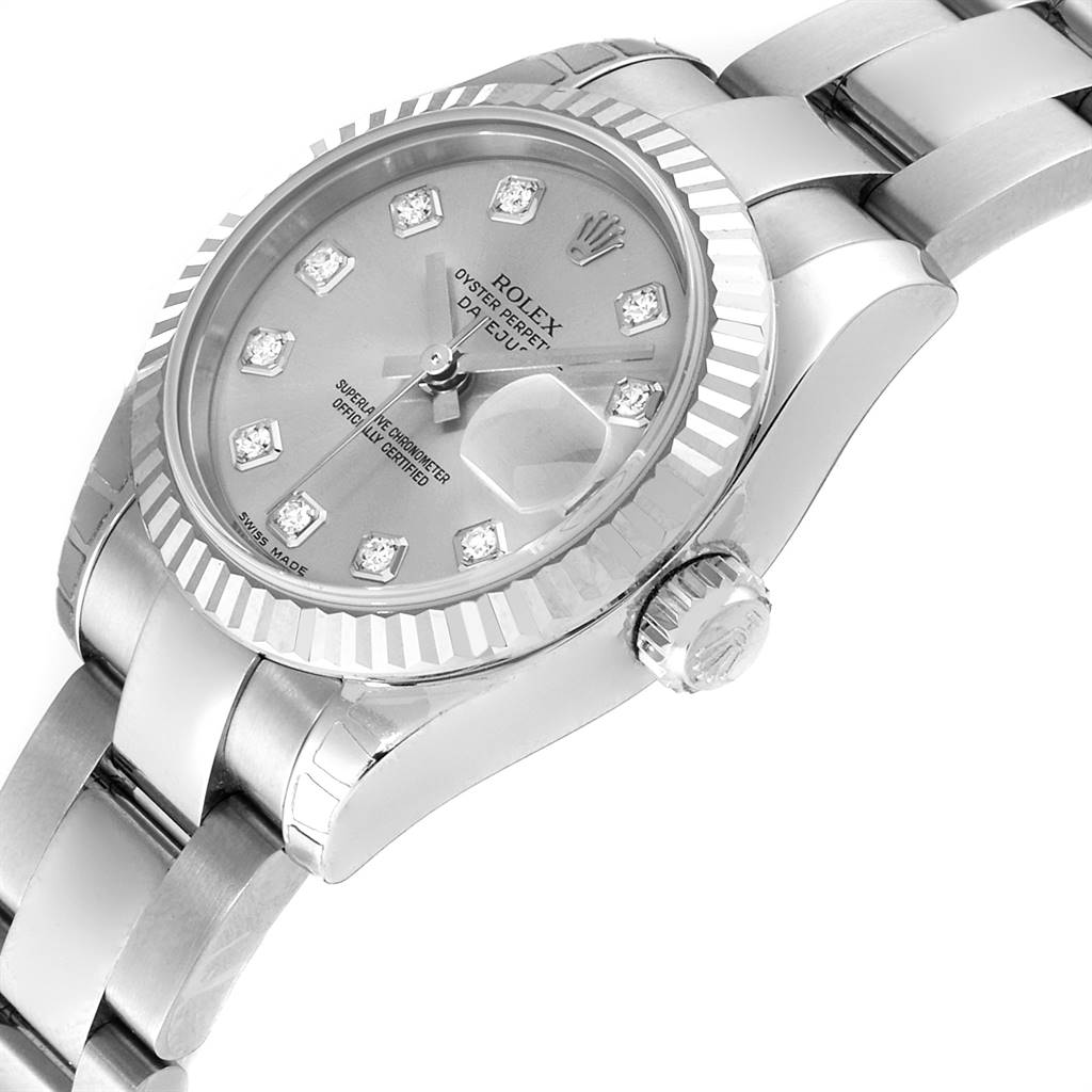 The image shows a Rolex Datejust 179174 Women's Stainless Steel Silver Dial 179174 Women's Stainless Steel Silver Dial watch at an angled side view highlighting its bezel, dial, crown, and part of the bracelet.