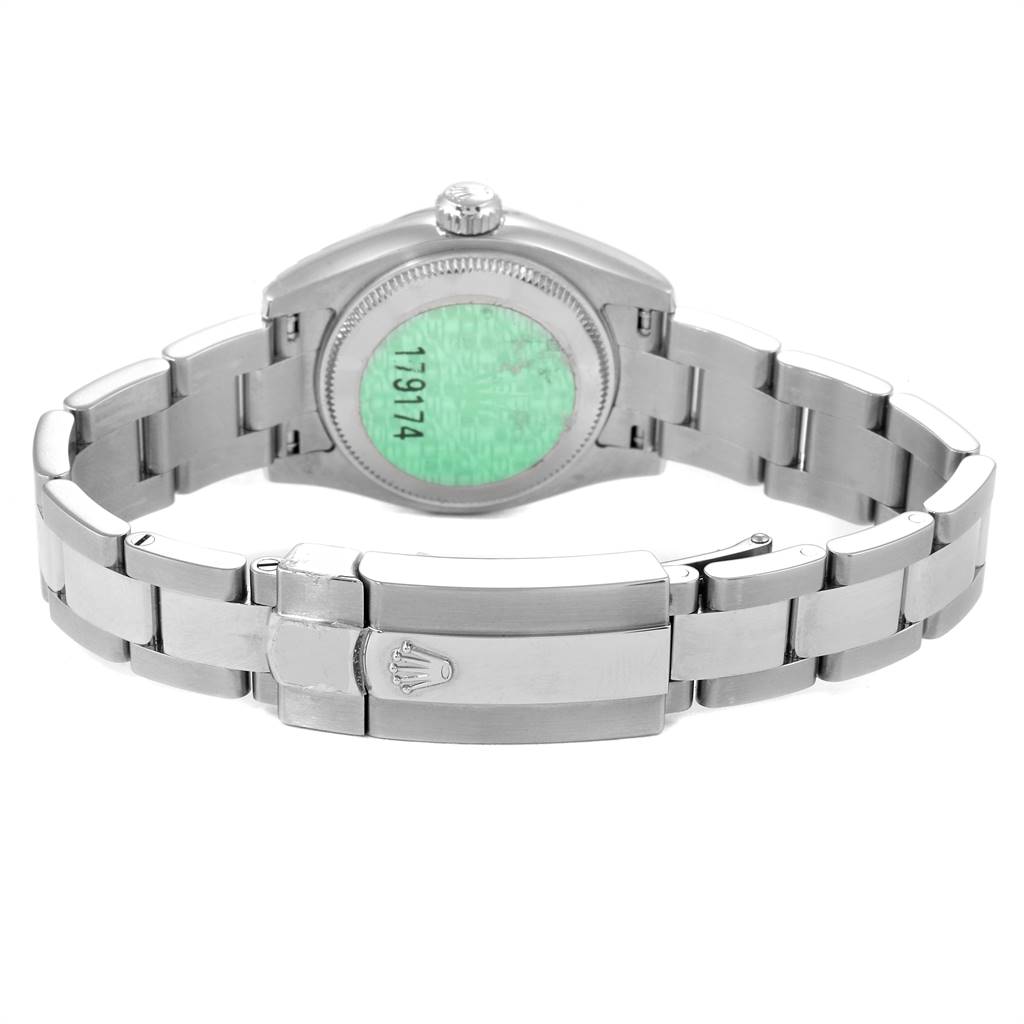The image shows the back and bracelet clasp of a Rolex Datejust 179174 Women's Stainless Steel Silver Dial 179174 Women's Stainless Steel Silver Dial watch.