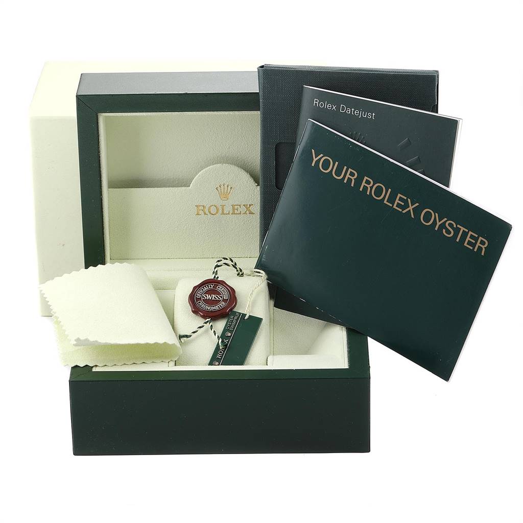 The image shows a Rolex Datejust 179174 Women's Stainless Steel Silver Dial 179174 Women's Stainless Steel Silver Dial packaging with booklets, a tag, and a cleaning cloth.