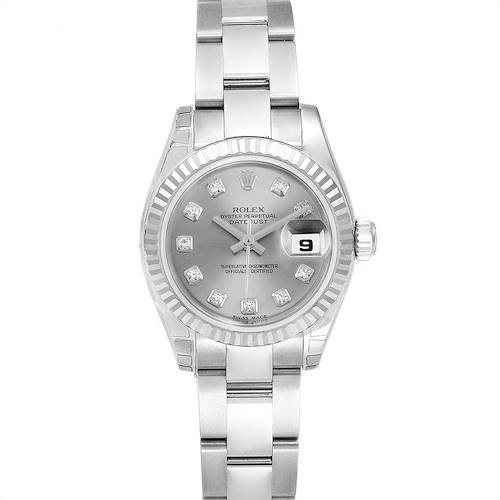 The image shows a front view of a Rolex Datejust 179174 Women's Stainless Steel Silver Dial 179174 Women's Stainless Steel Silver Dial watch, highlighting the dial, bezel, bracelet, and date display.