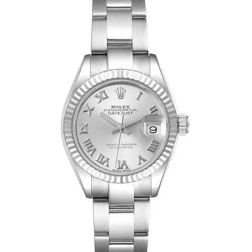 The Rolex Datejust 279174 Women's Stainless Steel Grey Dial 279174 Women's Stainless Steel Grey Dial watch is shown from a top-down angle, displaying the face, bezel, and a portion of the bracelet.
