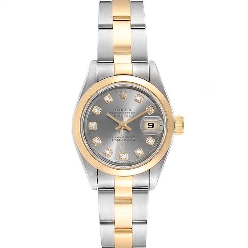 The image shows a frontal view of a Rolex Datejust 69163 Women's Steel and Gold (two tone) Grey Dial 69163 Women's Steel and Gold (two tone) Grey Dial watch featuring a two-tone bracelet, gray dial, and diamond hour markers with a date window.