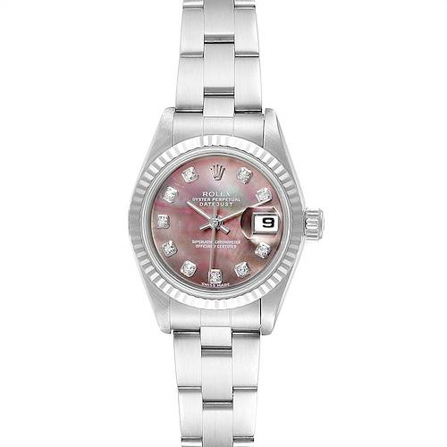 This image shows a front view of the Rolex Datejust 79174 Women's Stainless Steel Mother of Pearl Dial 79174 Women's Stainless Steel Mother of Pearl Dial watch, displaying the dial, bracelet, and date window.