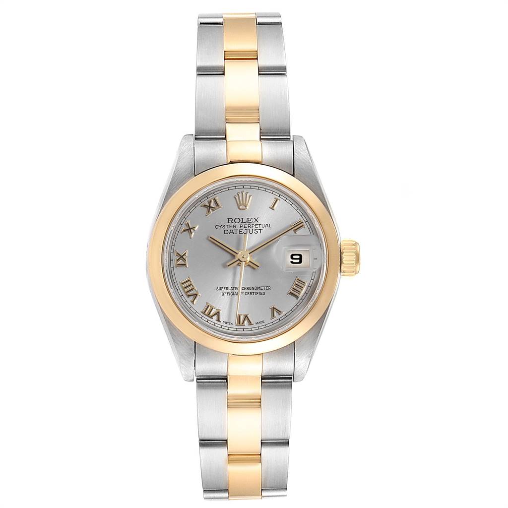 The image shows a front view of a Rolex Datejust 69163 Women's Steel and Gold (two tone) Grey Dial 69163 Women's Steel and Gold (two tone) Grey Dial watch with a two-tone bracelet and a silver Roman numeral dial.