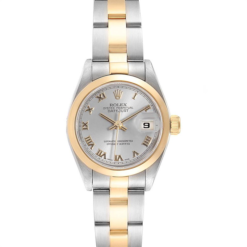This image shows a front view of a Rolex Datejust 69163 Women's Steel and Gold (two tone) Grey Dial 69163 Women's Steel and Gold (two tone) Grey Dial watch, highlighting the dial, bezel, and bracelet.