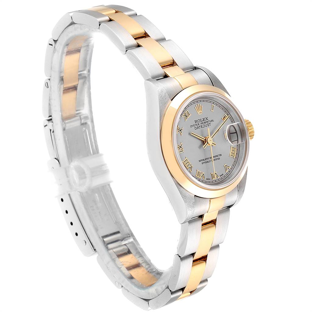 The image shows the Rolex Datejust 69163 Women's Steel and Gold (two tone) Grey Dial 69163 Women's Steel and Gold (two tone) Grey Dial watch at an angled side view, highlighting its two-tone bracelet and dial.