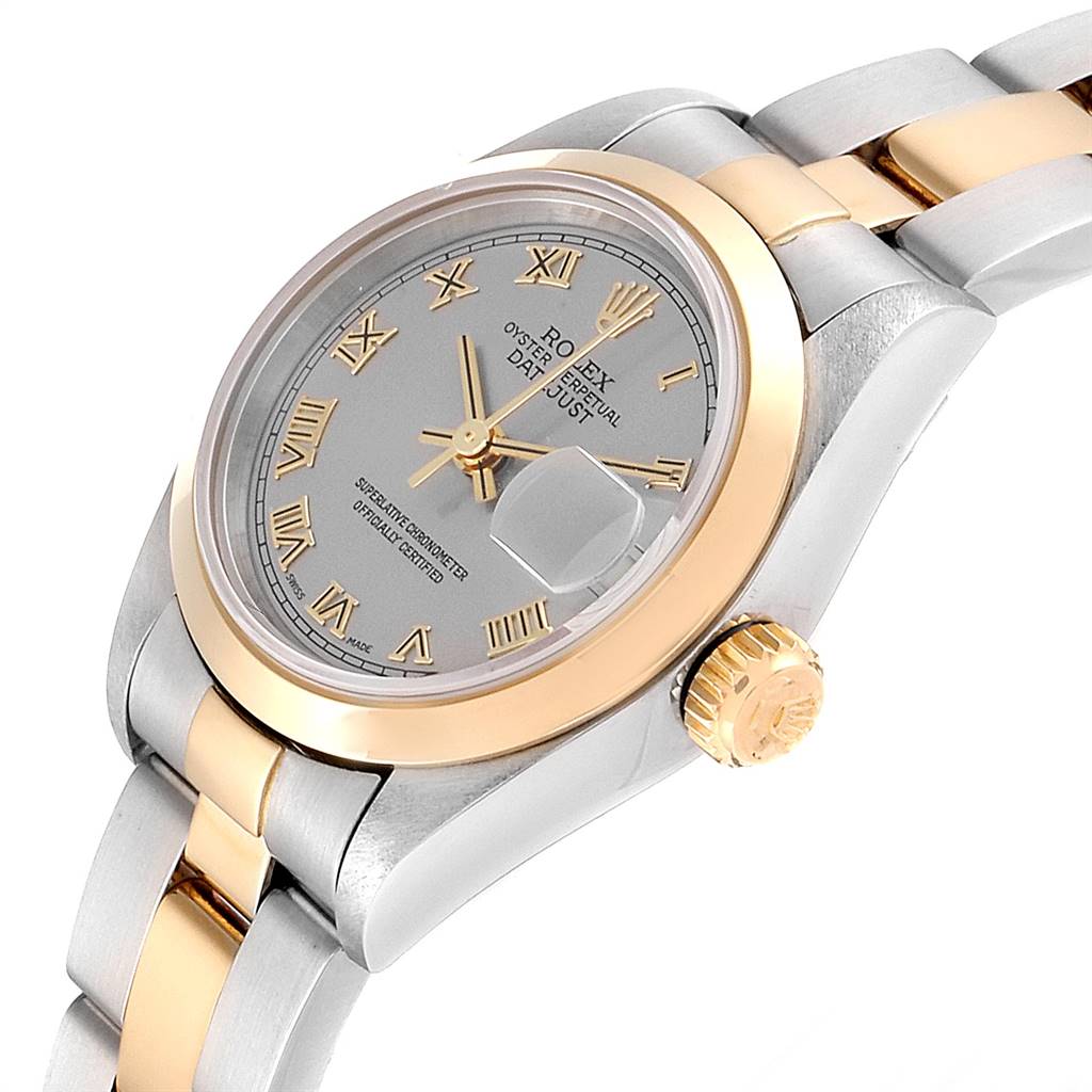 The image shows a close-up side angle of a Rolex Datejust 69163 Women's Steel and Gold (two tone) Grey Dial 69163 Women's Steel and Gold (two tone) Grey Dial watch, highlighting its dial, crown, and bracelet.