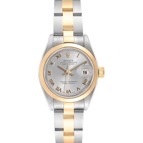 This image shows the Rolex Datejust 69163 Women's Steel and Gold (two tone) Grey Dial 69163 Women's Steel and Gold (two tone) Grey Dial from a front angle, featuring its two-tone bracelet, gold bezel, and silver dial with Roman numerals.