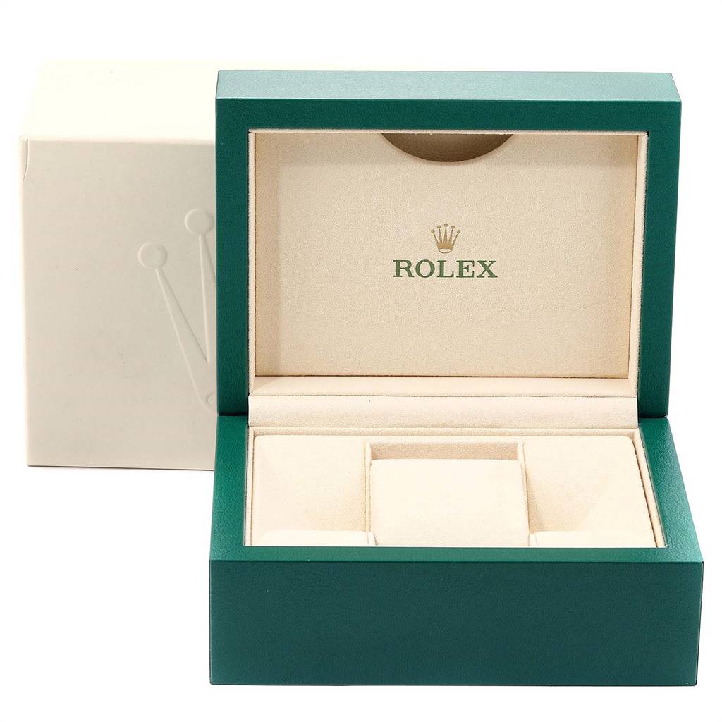 The image shows an empty Rolex Datejust 279171 Women's Steel and Gold (two tone) Mother of Pearl Dial 279171 Women's Steel and Gold (two tone) Mother of Pearl Dial watch box, photographed from a front angle with the lid open.