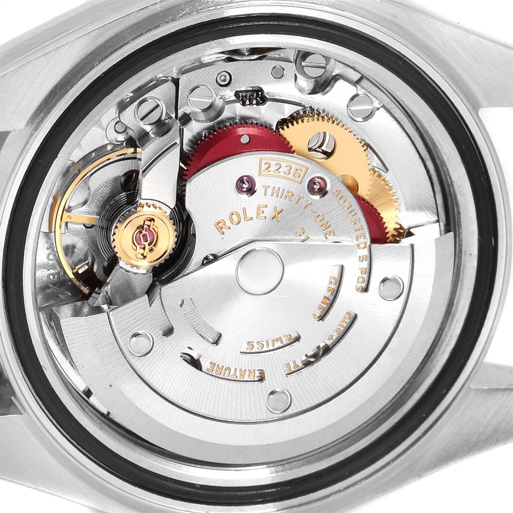 This image shows the inner mechanical movement components of a Rolex Datejust 279171 Women's Steel and Gold (two tone) Mother of Pearl Dial 279171 Women's Steel and Gold (two tone) Mother of Pearl Dial watch from a close-up, back-angle view.