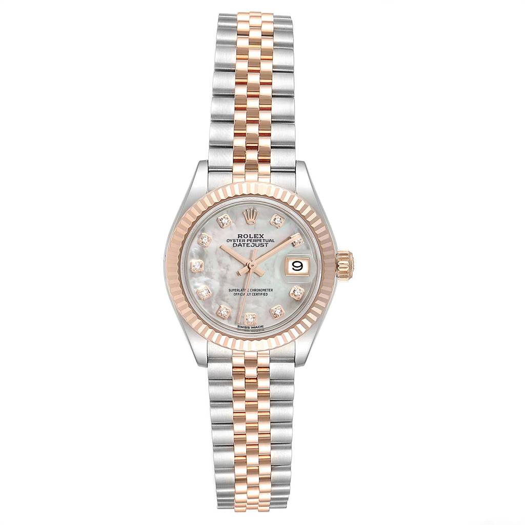 This image shows a Rolex Datejust 279171 Women's Steel and Gold (two tone) Mother of Pearl Dial 279171 Women's Steel and Gold (two tone) Mother of Pearl Dial watch from a top-down angle, revealing the face, bezel, and bracelet.