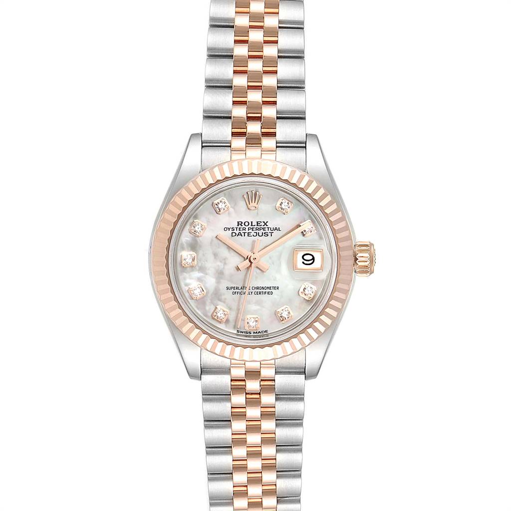This image shows a front view of a Rolex Datejust 279171 Women's Steel and Gold (two tone) Mother of Pearl Dial 279171 Women's Steel and Gold (two tone) Mother of Pearl Dial watch, highlighting the face, bezel, and two-tone bracelet.