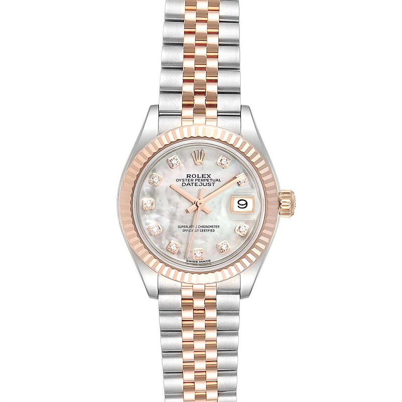 This image shows a front view of a Rolex Datejust 279171 Women's Steel and Gold (two tone) Mother of Pearl Dial 279171 Women's Steel and Gold (two tone) Mother of Pearl Dial watch, highlighting the face, bezel, and two-tone bracelet.