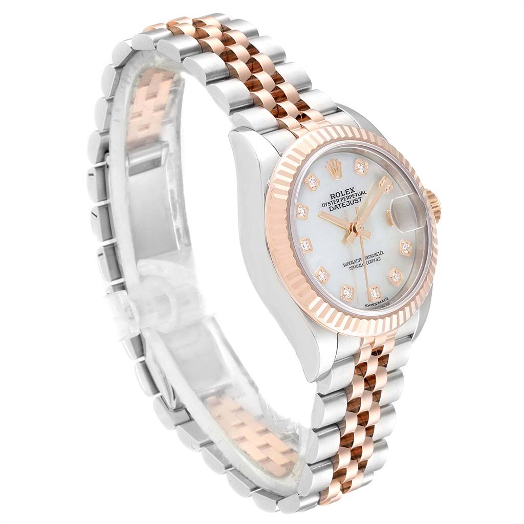 The image shows a Rolex Datejust 279171 Women's Steel and Gold (two tone) Mother of Pearl Dial 279171 Women's Steel and Gold (two tone) Mother of Pearl Dial watch at a slight angle, displaying its face, bezel, and two-tone bracelet.