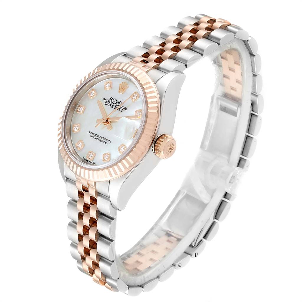 The image shows a Rolex Datejust 279171 Women's Steel and Gold (two tone) Mother of Pearl Dial 279171 Women's Steel and Gold (two tone) Mother of Pearl Dial watch from a slightly angled front perspective, highlighting its dial, crown, and bracelet.