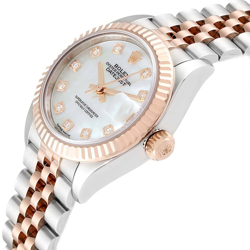 The image shows a tilted angle view of a Rolex Datejust 279171 Women's Steel and Gold (two tone) Mother of Pearl Dial 279171 Women's Steel and Gold (two tone) Mother of Pearl Dial, focusing on the face, bezel, crown, and part of the bracelet.