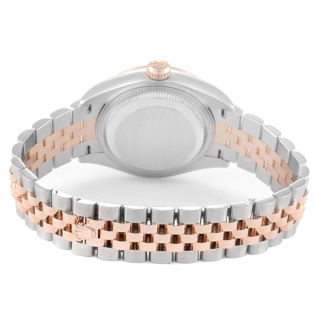 The image shows the back view of a Rolex Datejust 279171 Women's Steel and Gold (two tone) Mother of Pearl Dial 279171 Women's Steel and Gold (two tone) Mother of Pearl Dial watch, highlighting the case back and Jubilee bracelet.