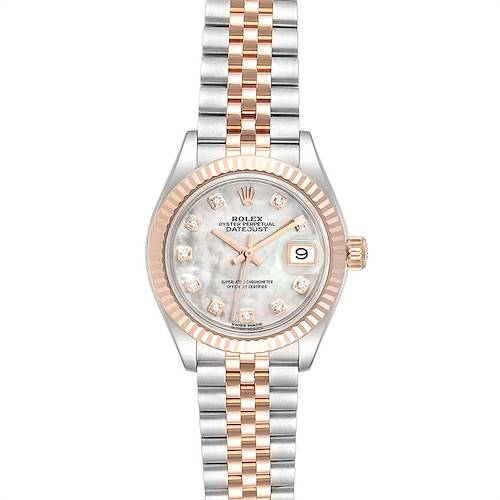 This image shows a Rolex Datejust 279171 Women's Steel and Gold (two tone) Mother of Pearl Dial 279171 Women's Steel and Gold (two tone) Mother of Pearl Dial watch from a front angle, highlighting the dial, bezel, and bracelet.