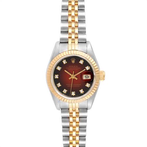 The image shows a front view of a Rolex Datejust 69173 Women's Stainless Steel Red Dial 69173 Women's Stainless Steel Red Dial watch, highlighting its two-tone bracelet, diamond markers, and fluted bezel.
