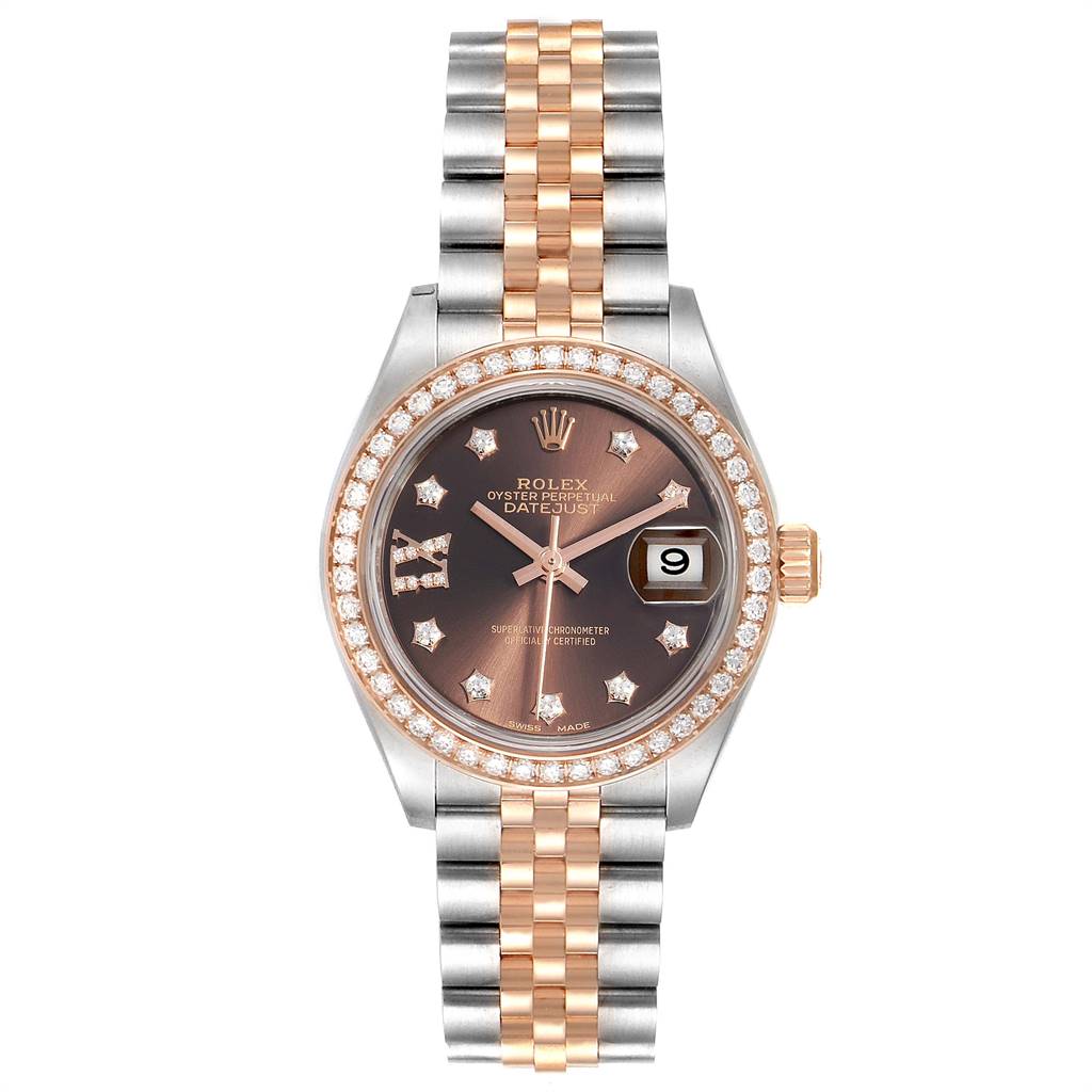 This image shows a frontal view of a Rolex Datejust 279381 Women's Steel and Gold (two tone) Brown Dial 279381 Women's Steel and Gold (two tone) Brown Dial watch, highlighting the bezel, dial, and bracelet.