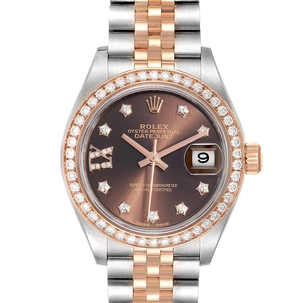 This image shows a front view of the Rolex Datejust 279381 Women's Steel and Gold (two tone) Brown Dial 279381 Women's Steel and Gold (two tone) Brown Dial with a diamond-set bezel and jubilee bracelet.