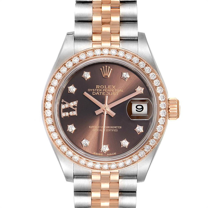 This image shows a front view of the Rolex Datejust 279381 Women's Steel and Gold (two tone) Brown Dial 279381 Women's Steel and Gold (two tone) Brown Dial with a diamond-set bezel and jubilee bracelet.