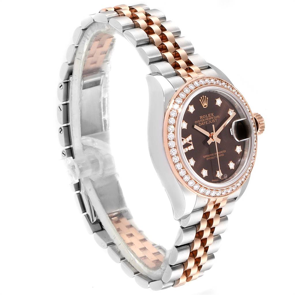 The image shows a Rolex Datejust 279381 Women's Steel and Gold (two tone) Brown Dial 279381 Women's Steel and Gold (two tone) Brown Dial watch at a three-quarter angle, highlighting the face, bezel, and two-tone bracelet.
