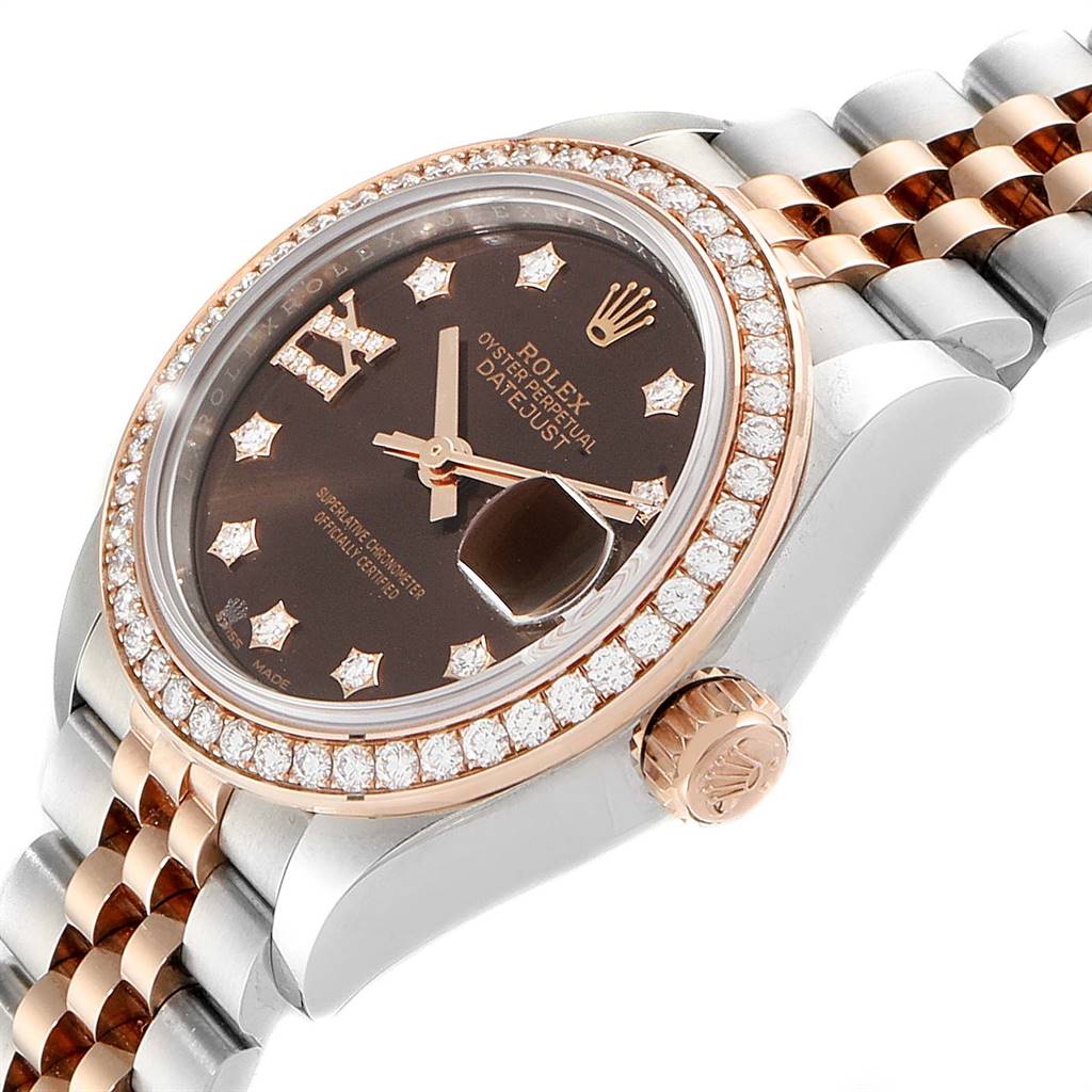 This image shows a close-up view of the Rolex Datejust 279381 Women's Steel and Gold (two tone) Brown Dial 279381 Women's Steel and Gold (two tone) Brown Dial model, highlighting the dial, bezel, and part of the bracelet.